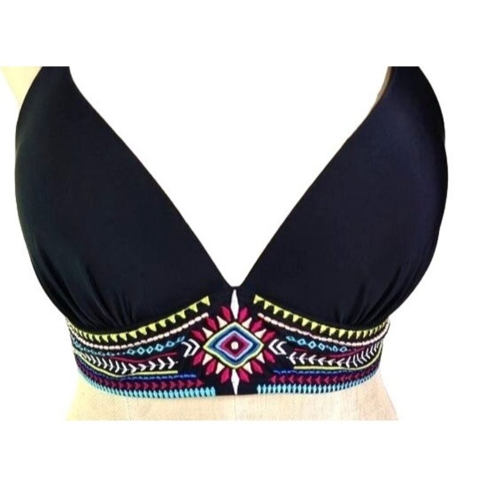 CW California Waves XL Black Bikini Top Groovy Embroidered  Boho Style